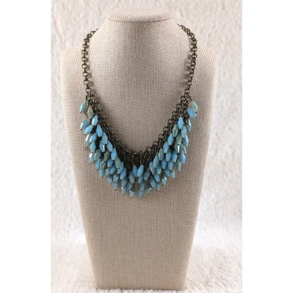 Boho Statement Necklace Aqua Blue Beads Antique Gold Chain Bib Chunky‎ Fashion